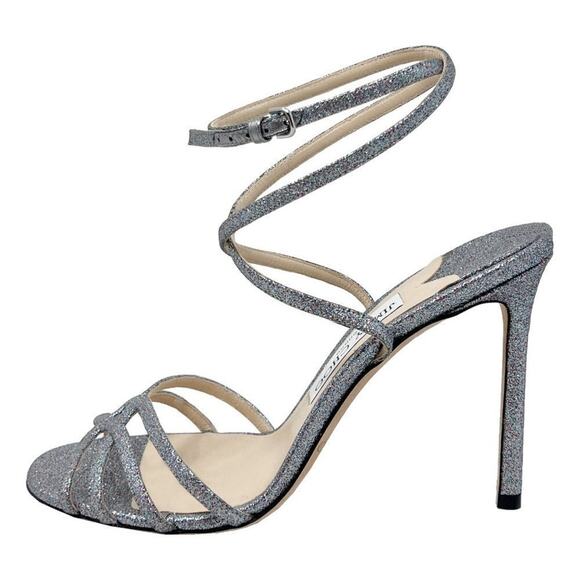 Jimmy Choo Mimi 100 Glitter Silver Strappy Stiletto Sandals Size 39‎